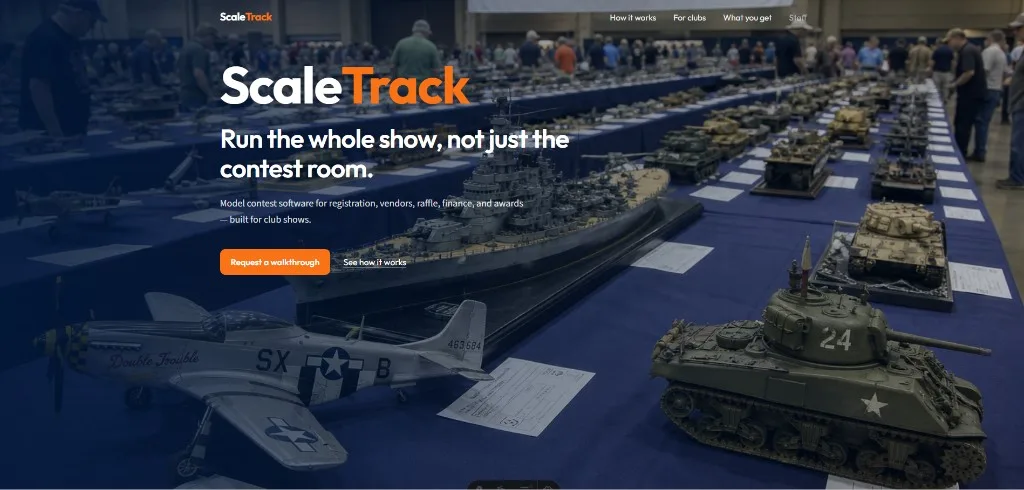 ScaleTrack model contest management platform landing page showing registration, vendor, raffle, finance, and awards software.