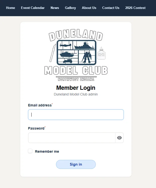 Duneland Model Club member login screen for authenticated administrative access