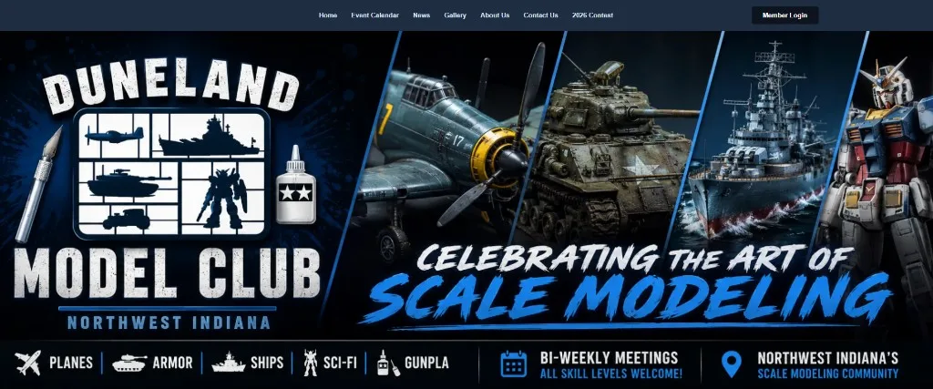 Current Duneland Model Club homepage with custom branding, clear navigation, and community-focused hero