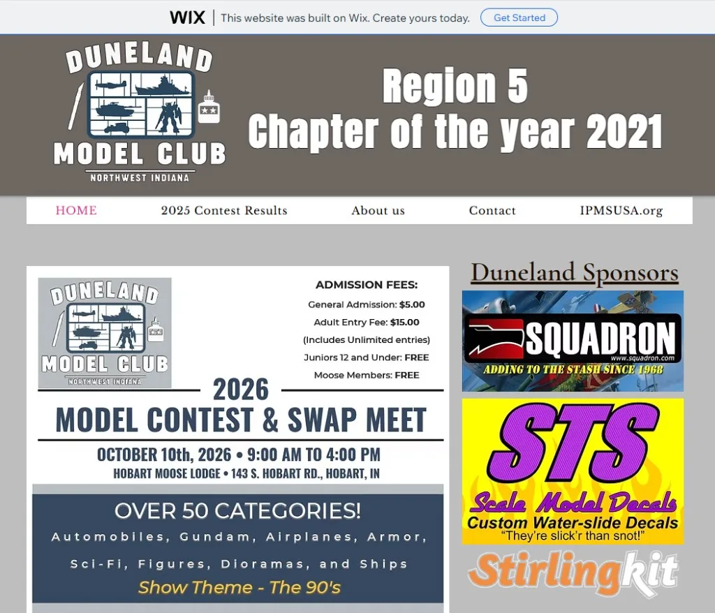 Legacy Duneland Model Club Wix homepage showing contest flyer layout and website-builder branding