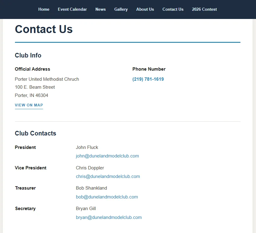 Structured contact page on the Duneland Model Club website