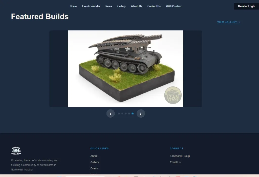 Featured Builds gallery carousel on the Duneland Model Club website